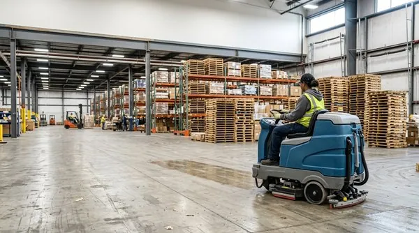 An operator in a high-visibility vest drives a ride-on floor scrubber across the polished concrete aisle of a warehouse, leaving a clean wet track behind it, with racked pallets and a forklift further down the bay.